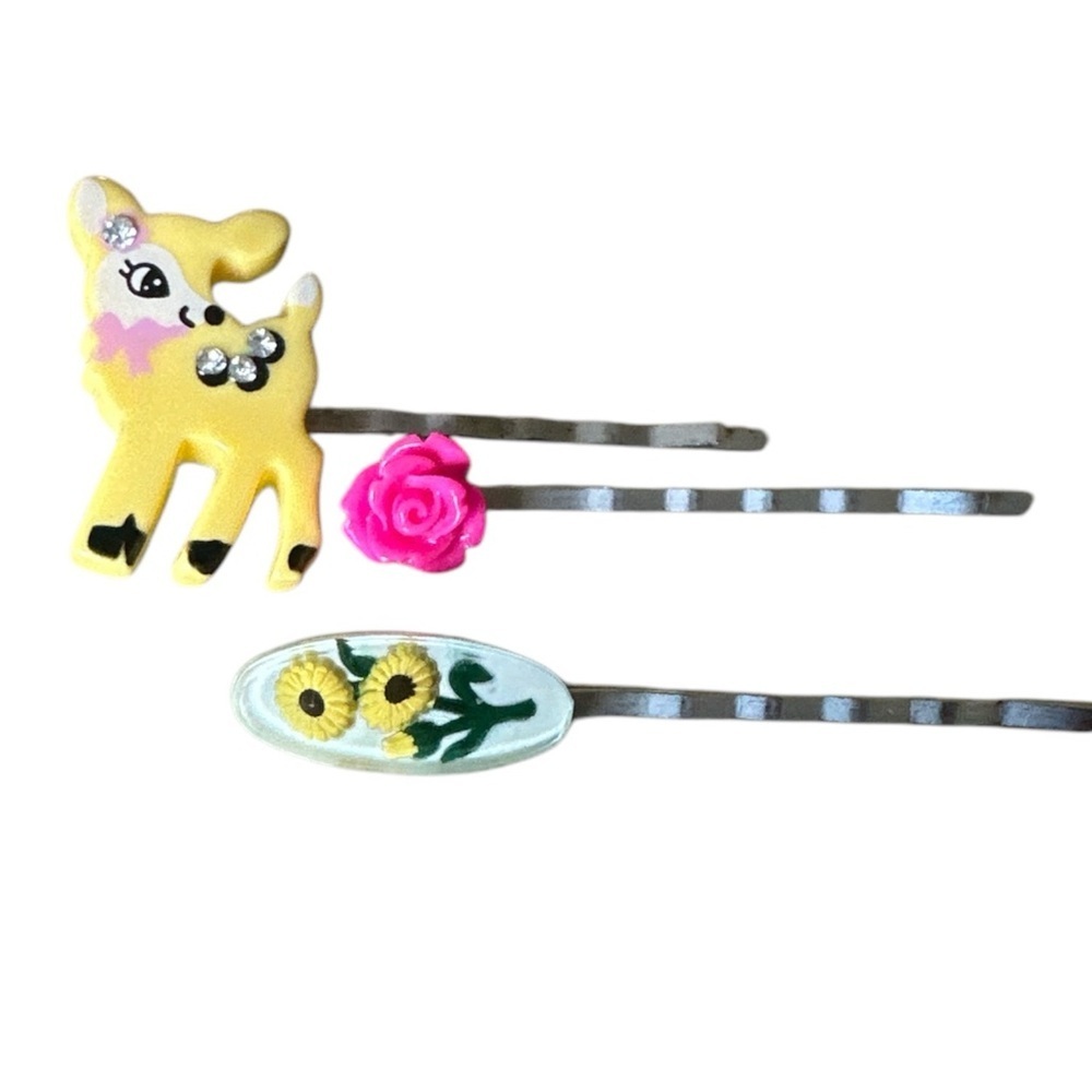 Spink Vintage Yellow Hair Pins Whimsical Deer Floral Clips Accessories